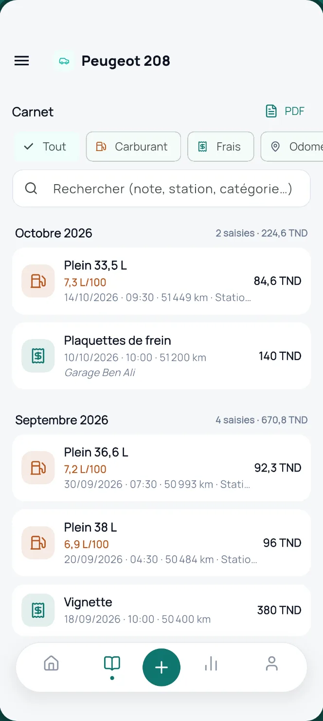 Carnet d'entretien numérique : historique des pleins et dépenses, mois par mois