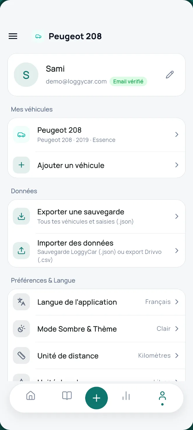 Compte, unités, devise et sécurité (PIN, empreinte)